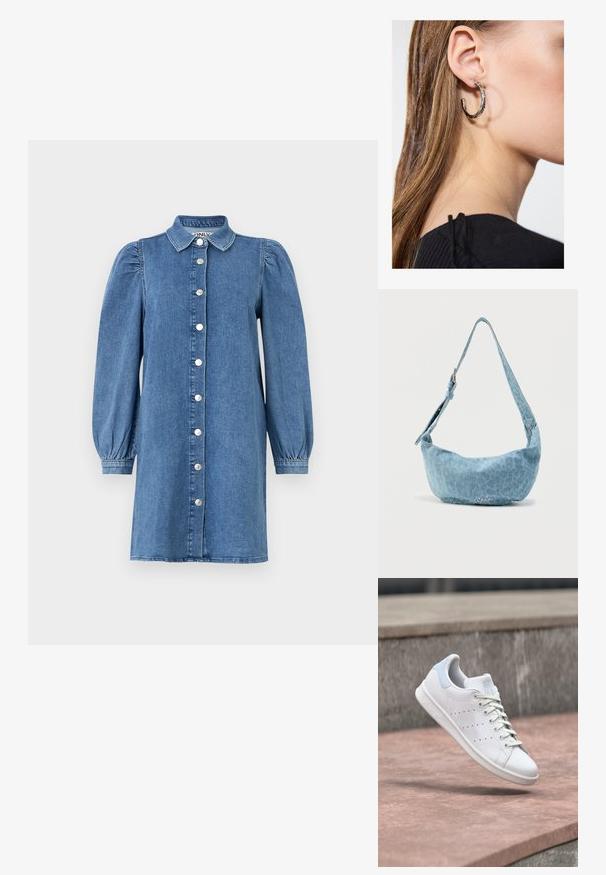 Denimkleit pikka puffseelikutega, nupuväärisega, kraega ja sirge lõikega. Sinine kangas, millel on sile tekstuur.; Valge nahast toss, millel on hele sinine kandaosa, perforatsioonidega külgtriibud ja paelad, hõljumas kividest treppide kohal õues.; Hele sinine teksakanga õlakott, millel on kumer kuju, reguleeritav rihm ja peen leopardimustriline disain. Esiküljel on logo detail.; Hõbedane rõngas kõrvarõngas poleeritud viimistlusega, millel on väikesed kuldsed aktsendid ja ümmargune kuju, kantud lobus.