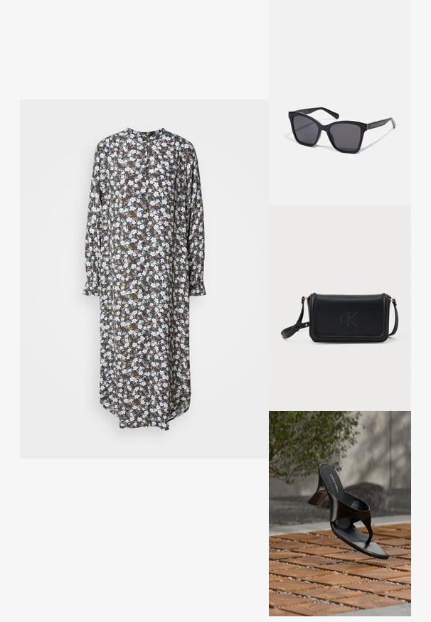 Robe florale à coupe longue et ample avec des manches longues, un col rond, et un fond sombre agrémenté de motifs de fleurs blanches et bleues.; Sandale à talon noire Calvin Klein en forme de tongs flottant au-dessus d'une surface extérieure carrelée avec de la verdure et un mur en béton en arrière-plan.; Lunettes de soleil rectangulaires noires avec des verres foncés et des montures brillantes. Présentent une marque en argent sur le côté. Forme carrée avec des branches robustes.; Sac en cuir noir à bandoulière avec une finition texturée, doté d'un rabat supérieur, d'un logo "cK" en relief et d'accents en métal doré.