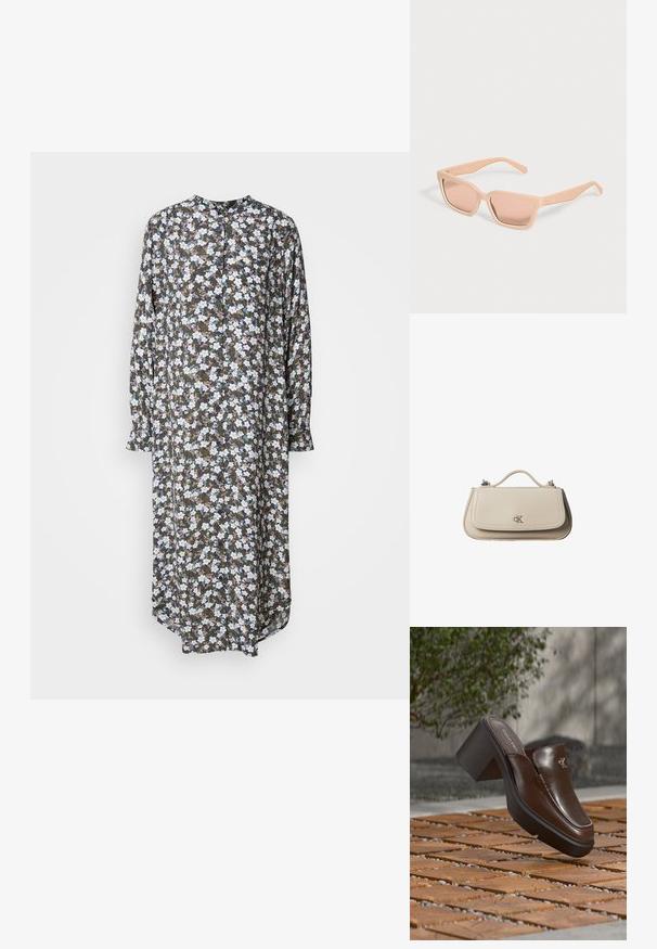 Blomsterkjole med en lang, løs pasform, lange ærmer, rund halsudskæring og en mørk baggrund med hvide og blå blomstermønstre.; Brun læder Calvin Klein hæl mule svævende over trægulv med en sløret grøn plante og væg baggrund.; Rektangulære lyse ferskenfarvede solbriller med tykke stel og matchende tonede linser på en ensfarvet lys baggrund.; Lille beige læderhåndtaske med top håndtag og sølv CK-logo på frontklap, vist mod en hvid baggrund.