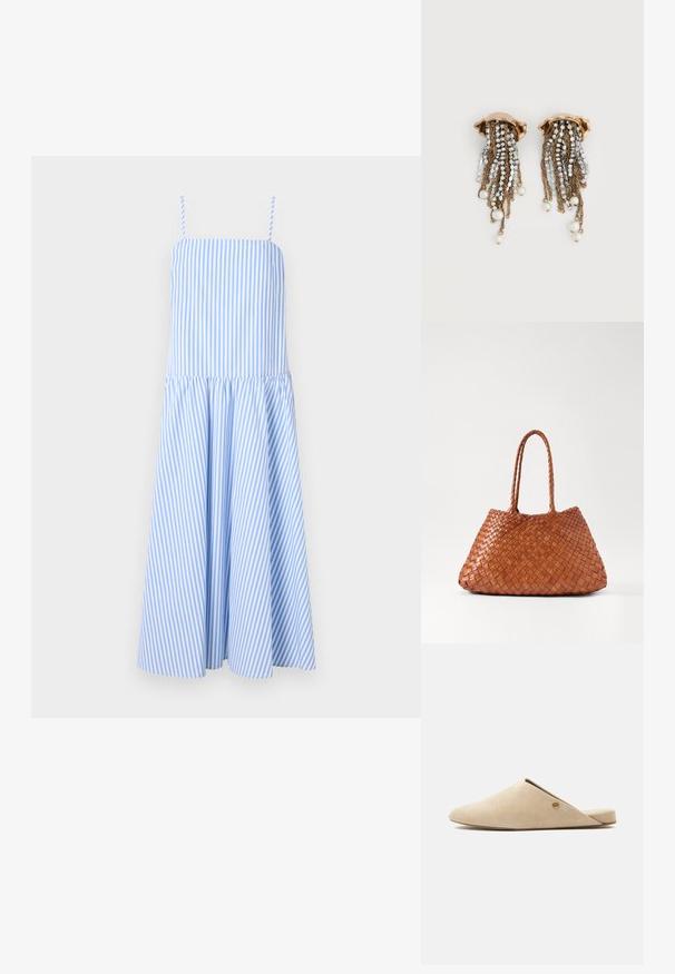 Robe rayée bleu et blanc avec des bretelles spaghetti, buste ajusté et jupe évasée. Fabriquée en tissu léger, elle présente des rayures verticales.; Mule plate beige à enfiler avec bout pointu et petit détail rond doré du logo sur le côté, sur fond blanc uni.; DRAGON DIFFUSION SANTA CROCE BIG - Sac à main - tan; Boucles d'oreilles clips dorées avec chaînes de strass en cascade et perles blanches pendantes sur fond blanc.