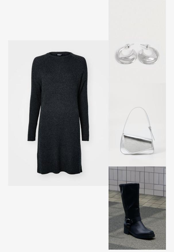 Robe en tricot côtelé gris foncé, à manches longues, avec un col rond et une coupe décontractée. L'ourlet est légèrement arrondi.; Botte en cuir noire mi-mollet avec un petit talon bloc et une bride décorative avec boucle métallique autour de la cheville, sur un trottoir carrelé.; Sac à main en métal argenté de forme triangulaire, texture lisse et fine bandoulière réglable. Présente un design rabat avec couture.; Une paire de boucles d'oreilles en croissant argenté poli avec des supports en plastique transparent sur une surface blanche.