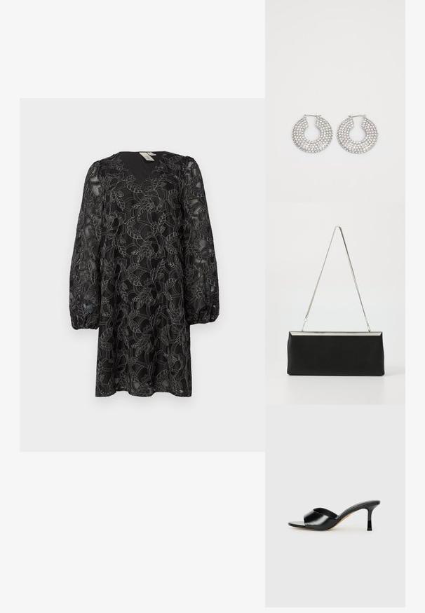 Sort blondekjole med V-udskæring og lange puffærmer. Den har blomster mønstre og et struktureret overlay. Længden er midt på låret.; Sorte læder højhælede mules med open-toe design og en bred, buet overdel. Glat tekstur og slank silhuet.; Sort læder clutch taske med en sølvmetal kædehåndtag og en slank rektangulær form. Mat tekstur og minimalistisk design med en metallisk accent.; Sølvøreringe med flere klare krystaludsmykninger, med en struktureret overflade og et åbent rundt design.