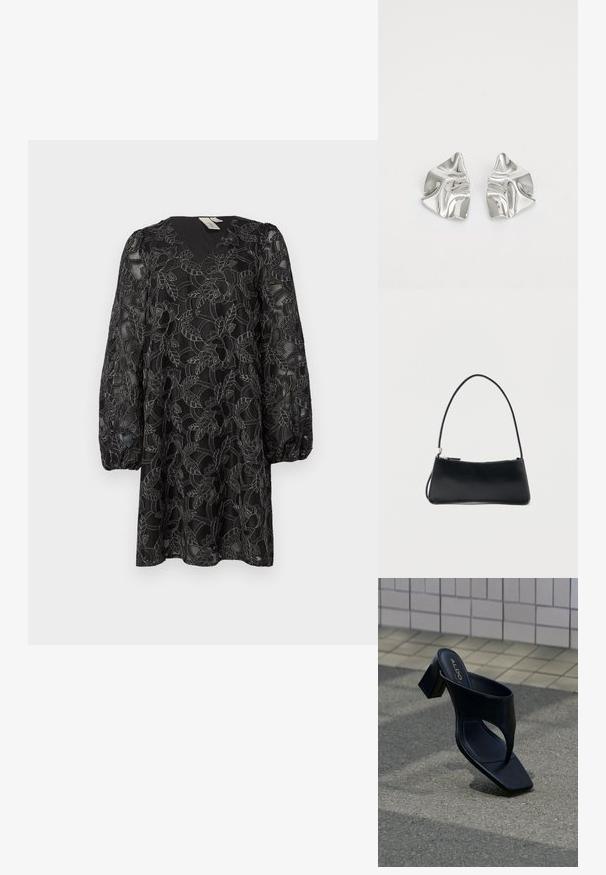 Schwarzes Spitzenkleid mit V-Ausschnitt und langen Puffärmeln. Es hat florale Muster und eine strukturierte Überlage. Die Länge reicht bis zur Mitte des Oberschenkels.; Schwarze Sandale mit Absatz, quadratischer Zehenpartie und breitem Riemen, auf grauem Asphalt nahe einer gefliesten Wand platziert.; Schwarze rechteckige Handtasche mit dünnem Riemen und Reißverschluss, vor einem schlichten weißen Hintergrund.; Silberne Metallohrringe mit einem wellenförmigen, skulpturalen Design, das eine polierte Oberfläche und unregelmäßige Formen aufweist, die eine zeitgenössische Ästhetik betonen.