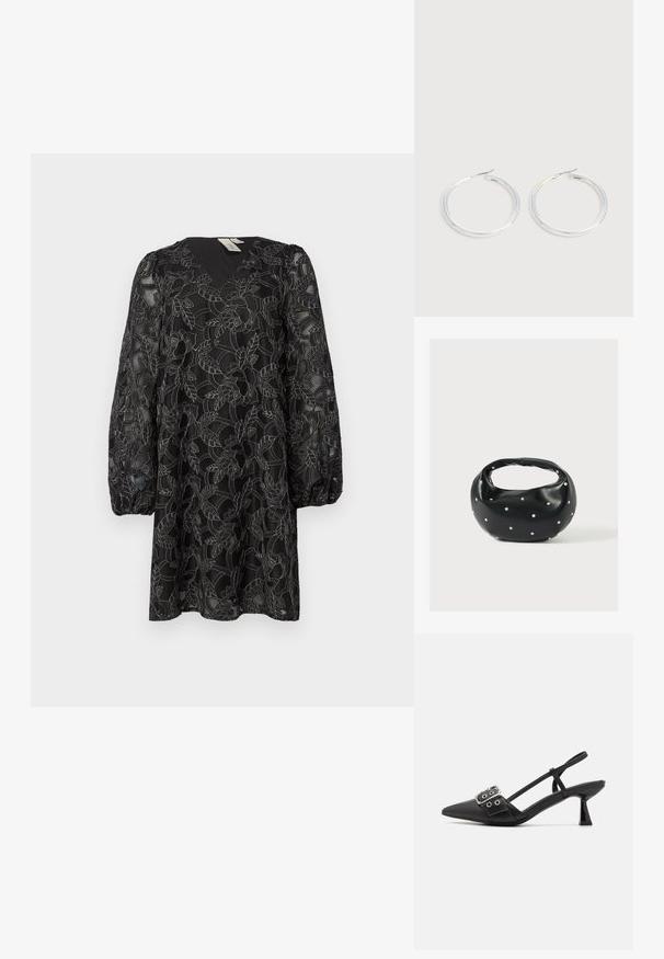 Vestido negro de encaje con escote en V y mangas largas abullonadas. Presenta patrones florales y una superposición texturizada. Largo hasta medio muslo.; Simmi London DALA - Tacones - black; Bolso de mano de cuero negro con forma redondeada, decorado con detalles de tachuelas plateadas y un asa corta. Textura lisa y cierre con cremallera.; Pareja de pendientes de aro plateados brillantes con cierres de alambre delgado, mostrados sobre un fondo gris claro.