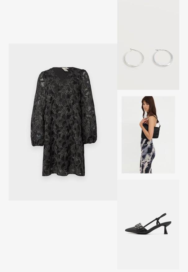 Schwarzes Spitzenkleid mit V-Ausschnitt und langen Puffärmeln. Es hat florale Muster und eine strukturierte Überlage. Die Länge reicht bis zur Mitte des Oberschenkels.; Simmi London DALA - Pumps - black; Schwarze gesteppte Schultertasche mit einem einzelnen Riemen und silberner Hardware, kombiniert mit einem figurbetonten Kleid im Batikmuster in Schwarz- und Cremetönen.; Silberne Metallcreolen mit glatter, leicht gebogener Oberfläche und Klappverschluss vor schlicht weißem Hintergrund.