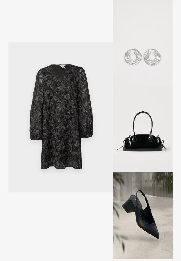 Robe en dentelle noire avec un décolleté en V et des manches bouffantes longues. Elle présente des motifs floraux et un superposé texturé. Longueur mi-cuisse.; Escarpin noir en cuir avec un bout pointu et un talon bloc. Texture lisse, design minimaliste et bride de cheville réglable.; Petit sac à main noir brillant avec deux longues anses et des détails à cordon sur les côtés sur un fond clair uni.; Boucles d'oreilles en argent en forme de créoles ornées de multiples embellissements en cristal transparent, présentant une surface texturée et un design circulaire ouvert.
