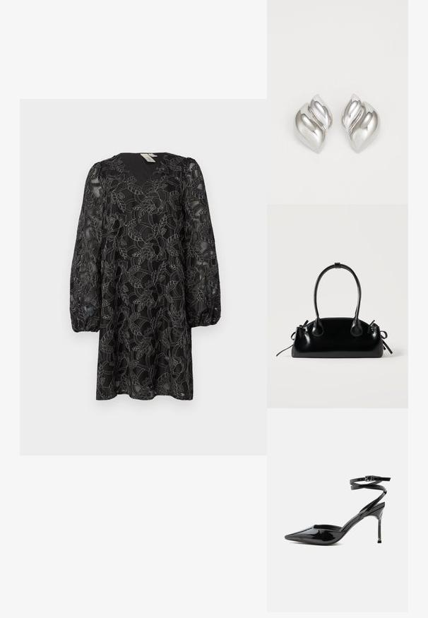Vestido negro de encaje con escote en V y mangas largas abullonadas. Presenta patrones florales y una superposición texturizada. Largo hasta medio muslo.; Tacón stiletto de charol negro con punta puntiaguda, tiras finas en el tobillo y cierre pequeño de hebilla.; Pequeño bolso negro brillante con dos asas largas y detalles de cordón lateral sobre un fondo claro liso.; Pendientes de plata con una forma orgánica y abstracta. Superficie lisa y brillante con un diseño cónico. Presentan suaves curvas y un detalle de línea central.