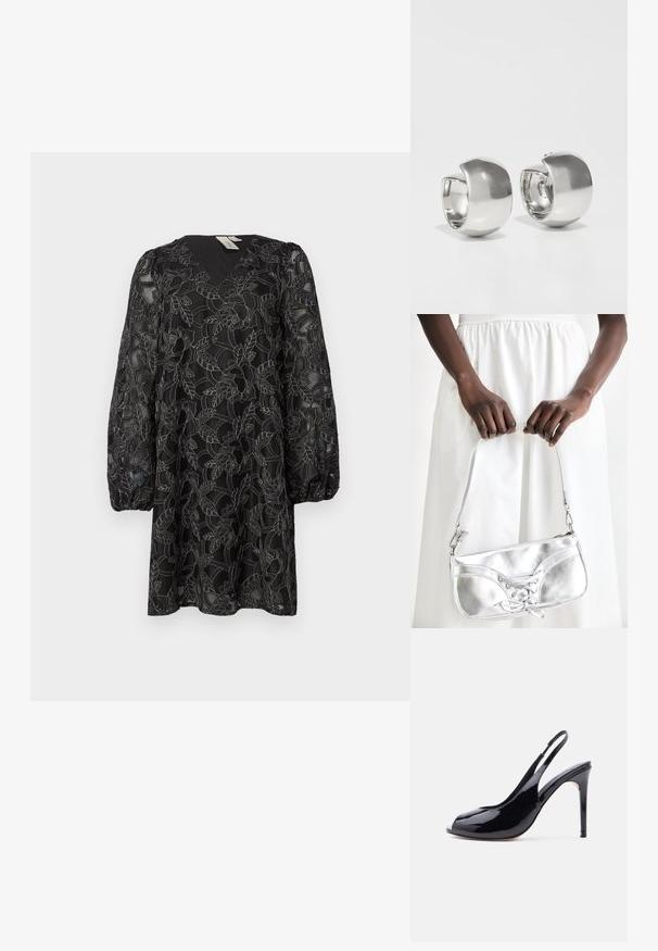 Sort blondekjole med V-udskæring og lange puffærmer. Den har blomster mønstre og et struktureret overlay. Længden er midt på låret.; Sort slingback højhælet sko i laklæder med åben tå og stiletthæl på ensfarvet hvid baggrund.; Sølvmetallic håndtaske med snøredetaljer, der har et slankt design og en kort strop. Tasken holdes i hænderne for at fremvise dens tekstur.; Uncommon Matters SCULPTURAL LARGE CREOLE - Øreringe - silver-coloured