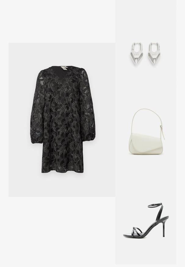 Robe en dentelle noire avec un décolleté en V et des manches bouffantes longues. Elle présente des motifs floraux et un superposé texturé. Longueur mi-cuisse.; Sandale à talon haut en cuir verni noir avec de fines lanières croisées sur les orteils et une sangle à boucle à la cheville sur fond blanc.; Sac à main en cuir synthétique blanc avec une forme triangulaire structurée, une bandoulière unique réglable et un rabat à courbes accentuées.; Cadenas en forme de cœur en argent avec les inscriptions gravées "OUI" et "NON", finition polie, design symétrique et un robuste fermoir en métal.