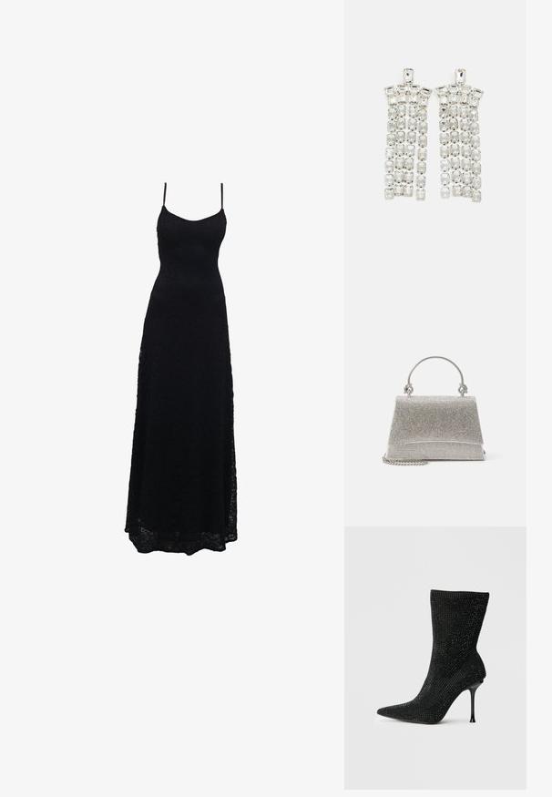 Vestido largo negro de encaje con finas tirantes de espagueti, cuerpo ajustado, falda acampanada y un intrincado patrón de encaje en toda la tela.; Bota negra de tacón alto con punta afilada, cubierta de brillantes cristales, que cuenta con un eje de punto elástico y un elegante tacón de aguja.; ALDO FELISIA - Bolso de mano - silver-coloured; Pendientes de gota de cristal con un acabado en tono plateado, adornados con múltiples piedras recortadas en forma rectangular y cuadrada dispuestas en filas en cascada.