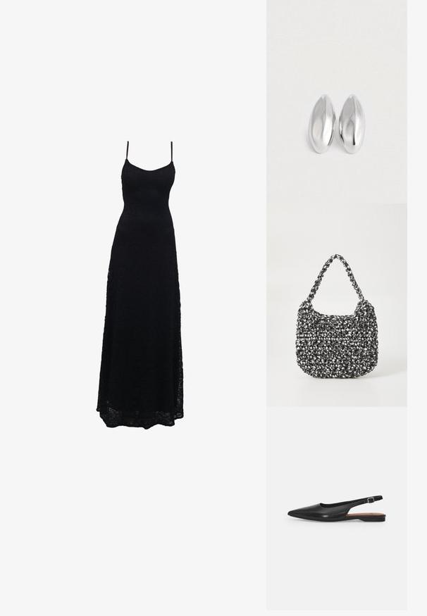 Schwarzes Maxikleid aus Spitze mit dünnen Spaghettiträgern, tailliertem Oberteil, weiter Rock und kunstvollem Spitzenmuster im gesamten Stoff.; Schwarzer Leder Slingback-Schuh mit spitzer Zehenform, subtiler Glanz und verstellbarem Knöchelriemen. Flacher Absatz mit einer braunen Innensohle.; Gewebte Handtasche in Schwarz und Weiß mit runder Form, strukturiertem Oberflächenfinish und geflochtener Grifffläche. Geeignet für den lässigen Gebrauch.; Ein Paar glatte, glänzende silberne ovalförmige Objekte, die nebeneinander auf einem schlichten weißen Hintergrund platziert sind.