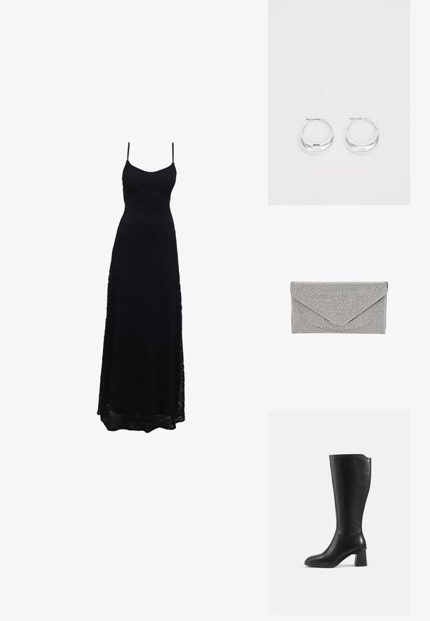 Schwarzes Maxikleid aus Spitze mit dünnen Spaghettiträgern, tailliertem Oberteil, weiter Rock und kunstvollem Spitzenmuster im gesamten Stoff.; Schwarzer kniehoher Lederstiefel mit Blockabsatz und abgerundetem Zeh, seitlich auf einem schlichten Hintergrund gezeigt.; Silberne Clutch mit strukturierter, genoppter Oberfläche. Verfügt über ein Umschlagdesign mit schrägem Klappenverschluss und kontrastierendem schwarzen Rand.; Silberne Creolen mit glänzender Oberfläche und DKNY-Logo, vor einem schlichten weißen Hintergrund präsentiert.