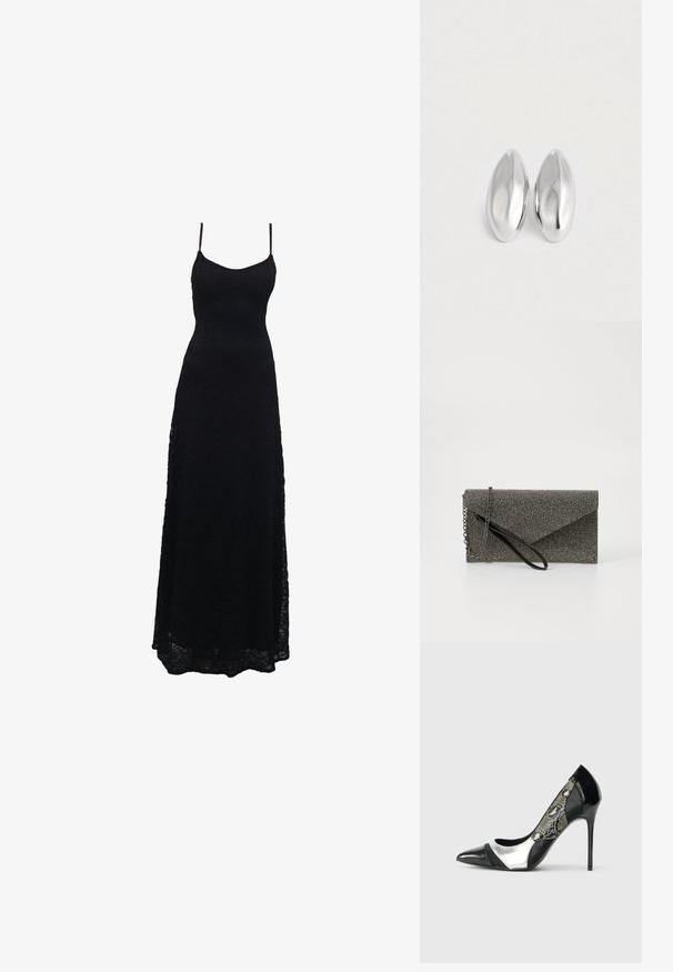 Vestido largo negro de encaje con finas tirantes de espagueti, cuerpo ajustado, falda acampanada y un intrincado patrón de encaje en toda la tela.; Zapato de tacón alto en negro y plata con punta afilada, que presenta un panel lateral de malla con un patrón de piel de serpiente y un elegante tacón de aguja.; Cartera de mano metálica gris con patrón de malla texturizada, diseño de sobre, cadena como correa y una correa de muñeca delgada y elegante.; Par de objetos ovalados de plata, lisos y brillantes, colocados uno al lado del otro sobre un fondo blanco puro.