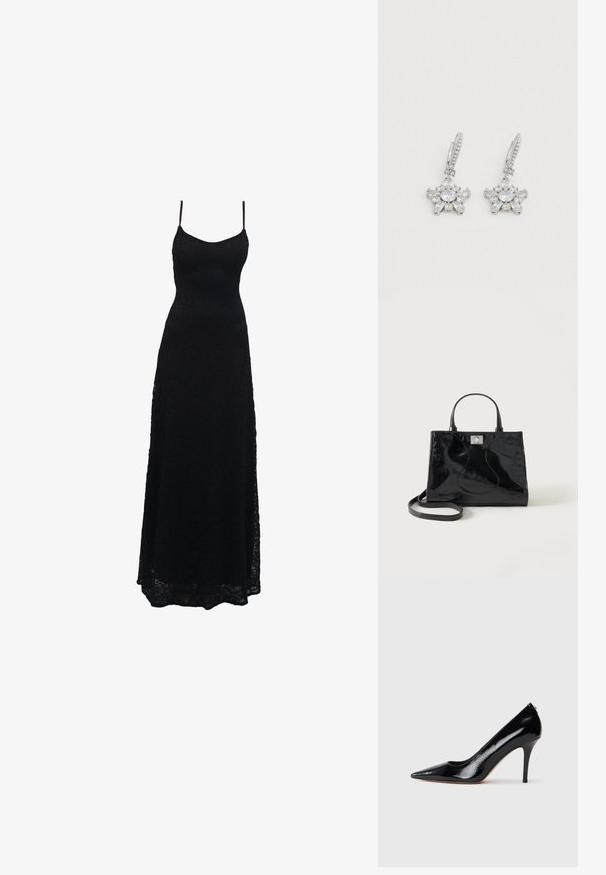 Vestido largo negro de encaje con finas tirantes de espagueti, cuerpo ajustado, falda acampanada y un intrincado patrón de encaje en toda la tela.; Zapato de salón de charol negro con tacón alto y punta afilada, con textura suave y tacón de aguja delgado. Sin herrajes visibles.; Bolso de mano negro de piel patentada con asas redondeadas, una correa de hombro desmontable y cierre de broche plateado sobre un fondo blanco liso.; Pendientes de tono plateado con un diseño floral que incluye múltiples piedras preciosas transparentes, incluyendo piedras de corte redondo y marquesa, y un cierre articulado.