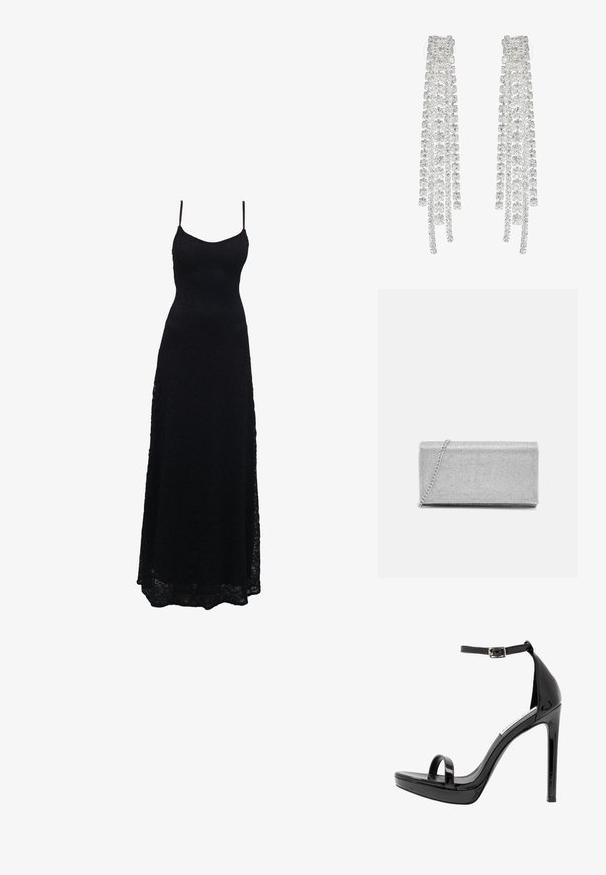 Zwarte kant maxi-jurk met dunne spaghetti-bandjes, getailleerde bovenkant, uitlopende rok en ingewikkeld kantpatroon over de stof.; Steve Madden MILANO - Sandalen met hoge hak - black; Zilveren metallic clutch met een geweven gaasontwerp, rechthoekige vorm en een kettingriem om mee te dragen. Gladde textuur en gepolijste afwerking.; Lange zilveren oorbellen met een scala aan heldere, facetteerde kristallen in een waterval van strengen met variërende lengtes en vormen.