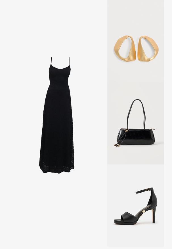 Sort blonde maxikjole med tynde stropper, tætsiddende bodice, udvidet skirt og intrikat blondermønster gennem hele stoffet.; Sorte læder højhælede sandaler med åben tå og ankelrem. Har en glat finish, et guldfarvet accenter nær hælen og et buet design.; Sort rektangulær håndtaske med to lange stropper, guldringdetalje og lynlåslukning på en ensfarvet lys baggrund.; Par af uregelmæssige, asymmetriske gyldne hoop-øreringe med en glat, mat finish på en neutral baggrund.