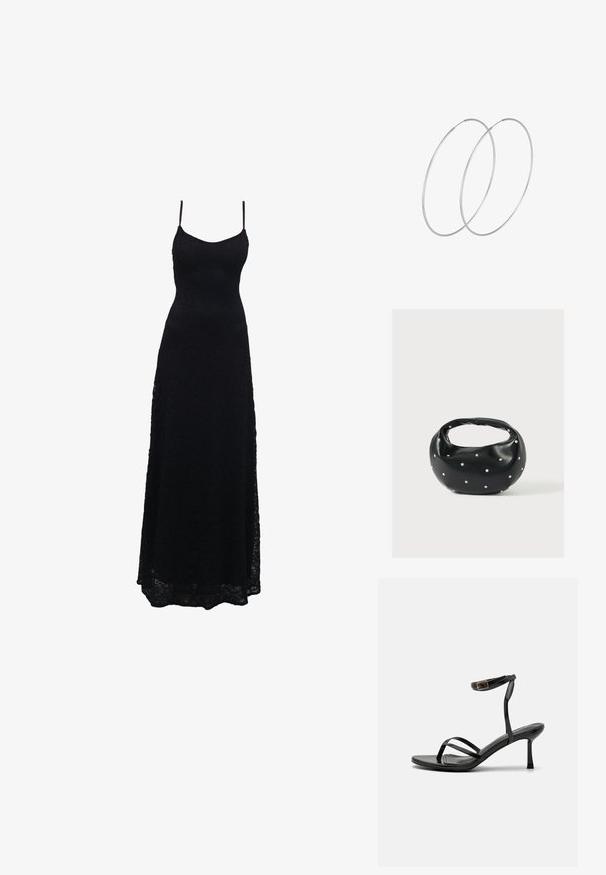 Schwarzes Maxikleid aus Spitze mit dünnen Spaghettiträgern, tailliertem Oberteil, weiter Rock und kunstvollem Spitzenmuster im gesamten Stoff.; Schwarze High-Heels-Sandalen mit einem schmalen Riemendesign, glatter Textur, Knöchelverschluss und einer spitzen Fußspitze. Verstellbares Knöchelriemchen.; Schwarze Lederhandtasche mit abgerundeter Form, verziert mit silbernen Nietenakzenten und kurzem Griff. Glatte Struktur und Reißverschlussverschluss.; Silberne Creolen mit minimalistischem Design. Rundform, glatte Oberfläche und dünnes Profil. Leichtgewichtig mit hochglänzender Oberfläche.