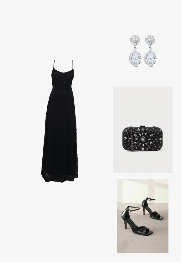 Schwarzes Maxikleid aus Spitze mit dünnen Spaghettiträgern, tailliertem Oberteil, weiter Rock und kunstvollem Spitzenmuster im gesamten Stoff.; Next REGULAR FIT - SIGNATURE - High Heel Sandalette - black; Schwarze Clutch mit rechteckiger Form, verziert mit verschiedenen Strasssteinen in einem floralen Muster, ausgestattet mit einer silbernen Kette zum Tragen.; Ohrringe in Silberfarbe mit einem runden Stecker im Pavé-Stil und einem tropfenförmigen Anhänger, der von kleineren Steinen umgeben ist, was einen funkelnden Effekt betont.