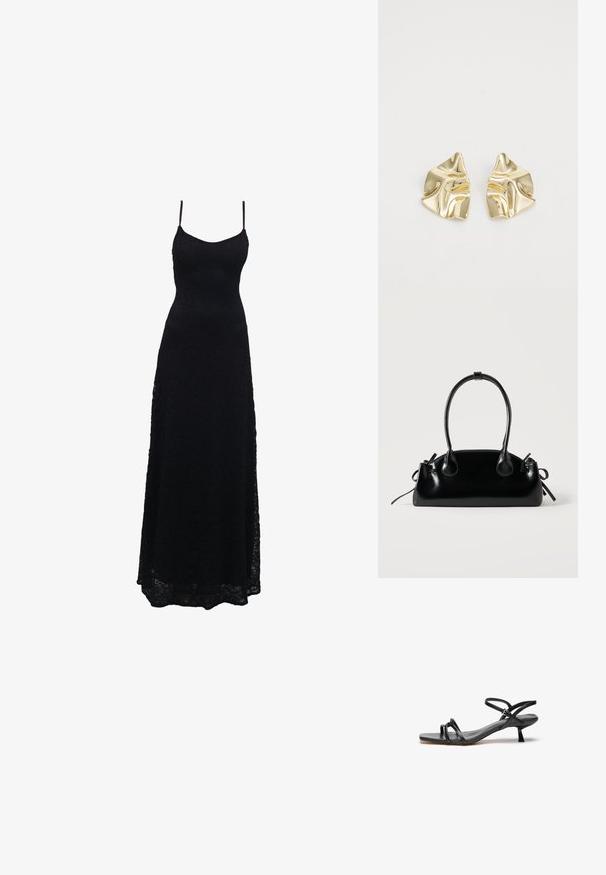Schwarzes Maxikleid aus Spitze mit dünnen Spaghettiträgern, tailliertem Oberteil, weiter Rock und kunstvollem Spitzenmuster im gesamten Stoff.; Schwarze Ledersandale mit einem schlanken, minimalistischen Design. Sie verfügt über zwei dünne Riemen und einen kleinen, schrägen Absatz. Glatte Textur und offener Zehenbereich.; Kleine schwarze glänzende Handtasche mit zwei langen Griffen und seitlichen Kordelzug-Details vor einfachem hellem Hintergrund.; Goldfarbene metallische Ohrringe mit einem wellenförmigen Design; glatte, reflektierende Oberfläche; asymmetrische Form; keine sichtbaren Muster oder Hardware.
