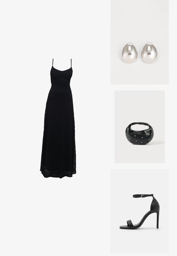 Vestido largo negro de encaje con finas tirantes de espagueti, cuerpo ajustado, falda acampanada y un intrincado patrón de encaje en toda la tela.; Sandalia de tacón alto negra con un diseño elegante, que cuenta con una correa en el tobillo, punta abierta y una textura de cuero suave.; Bolso de mano de cuero negro con forma redondeada, decorado con detalles de tachuelas plateadas y un asa corta. Textura lisa y cierre con cremallera.; Pendientes de oreja metálicos plateados con un diseño suave y redondeado que recuerda a la forma de una gota, con una superficie reflectante y un acabado sin costuras.