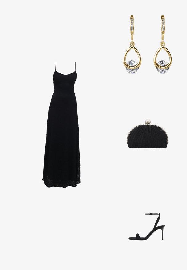 Schwarzes Maxikleid aus Spitze mit dünnen Spaghettiträgern, tailliertem Oberteil, weiter Rock und kunstvollem Spitzenmuster im gesamten Stoff.; Schwarze Sandalette mit hohem Absatz, dünnem Knöchelriemen und offenem Zehenbereich, ausgestattet mit einem schlanken Stilettoabsatz und minimalistischem Design.; Schwarze Abend-Clutch mit strukturiertem Stoff, eingefasst von einer Reihe kleiner Perlen und einem großen Perlenverschluss oben.; Goldene Tropfenohrringe mit runden, klaren Edelsteinen an der Basis. Texturierter Oberbereich mit kleinen, runden Akzenten entlang des Creolen.