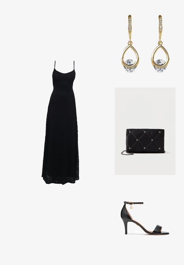 Schwarzes Maxikleid aus Spitze mit dünnen Spaghettiträgern, tailliertem Oberteil, weiter Rock und kunstvollem Spitzenmuster im gesamten Stoff.; Schwarze Leder-Sandaletten mit hohem Absatz, einem einzelnen Riemen über den Zehen, einem Knöchelriemen, goldenen Beschlägen und einem schlanken Stiletto-Absatz.; Schwarze, gesteppten Satin-Clutch mit silbernen Pyramidennieten, Kettenriemen, rechteckiger Form und glatter Oberfläche. Maße: 10 cm x 18 cm x 4 cm.; Goldene Tropfenohrringe mit runden, klaren Edelsteinen an der Basis. Texturierter Oberbereich mit kleinen, runden Akzenten entlang des Creolen.
