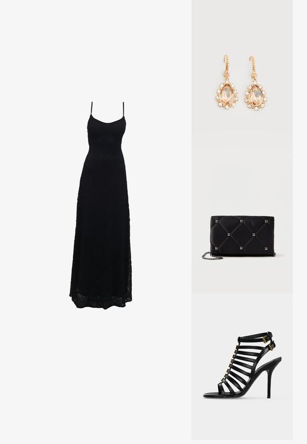 Sort blonde maxikjole med tynde stropper, tætsiddende bodice, udvidet skirt og intrikat blondermønster gennem hele stoffet.; Sort læder hælsandal med flere vandrette stropper og to gyldne spænder ved anklen på en ensfarvet lys baggrund.; Sort, kviltet satin clutch med sølvfarvede pyramidespidser, kædetræk, rektangulær form og glat overflade. Dimensioner: 10 cm x 18 cm x 4 cm.; Guld øreringe med kroge med store pæreformede ferskensten omgivet af små klare krystaller på en ensfarvet hvid baggrund.