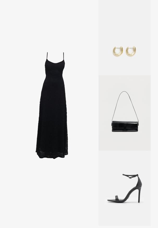 Schwarzes Maxikleid aus Spitze mit dünnen Spaghettiträgern, tailliertem Oberteil, weiter Rock und kunstvollem Spitzenmuster im gesamten Stoff.; Schwarze High Heels Sandalen mit offener Zehe, dünnen Riemen und Knöchelverschluss. Glatte Ledertextur mit spitzem Zehendesign.; Schwarze Schultertasche aus Kunstleder mit Kroko-Prägung, rechteckige Form, glänzende Textur, mit dünnem verstellbarem Riemen und einer vorderen Klappe als Verschluss.; Goldfarbene Creolen mit einer glatten, polierten Oberfläche. Sie haben eine halbkreisförmige Form und einen sicheren Stiftverschluss.