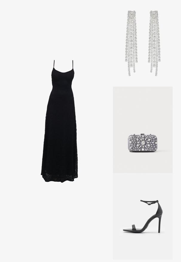 Schwarzes Maxikleid aus Spitze mit dünnen Spaghettiträgern, tailliertem Oberteil, weiter Rock und kunstvollem Spitzenmuster im gesamten Stoff.; Schwarze High Heels Sandalen mit offener Zehe, dünnen Riemen und Knöchelverschluss. Glatte Ledertextur mit spitzem Zehendesign.; Kleine rechteckige dunkelgraue Clutch, verziert mit klaren Strasssteinen in einem strahlenförmigen Muster und einem silbernen Kettenriemen.; Lange silberne Ohrringe mit einer Vielzahl von klaren, facettierten Kristallen in kaskadierenden Strängen unterschiedlicher Längen und Formen.