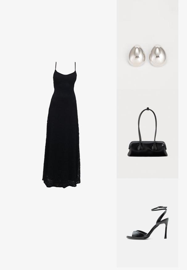 Schwarzes Maxikleid aus Spitze mit dünnen Spaghettiträgern, tailliertem Oberteil, weiter Rock und kunstvollem Spitzenmuster im gesamten Stoff.; Schwarze Sandalette mit hohem Absatz, offenem Zehenbereich, schlankem Stiletto-Absatz und Knöchelriemen mit Schnalle vor weißem Hintergrund.; Schwarze Lederhandtasche mit zwei langen Griffen, glatter Textur und einer abgerundeten Basis mit dekorativen Akzenten an den Seiten.; Silberne metalliche Ohrcuffs mit einem glatten, abgerundeten Design, das einer Träne ähnelt, mit einer reflektierenden Oberfläche und nahtlosem Finish.