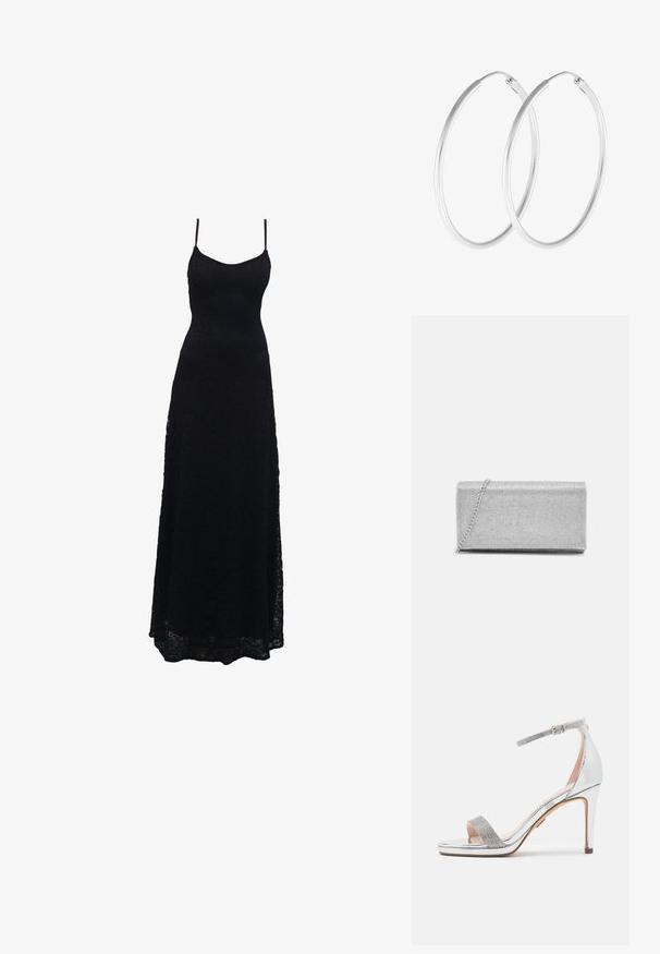 Schwarzes Maxikleid aus Spitze mit dünnen Spaghettiträgern, tailliertem Oberteil, weiter Rock und kunstvollem Spitzenmuster im gesamten Stoff.; Silberne High-Heel-Sandale mit glänzendem Lackobermaterial, strukturiertem Strassriemen, verstellbarem Knöchelriemen und quadratischem, offenem Zehenbereich.; Silberne metallische Clutch-Tasche mit gewebtem Mesh-Design, rechteckiger Form und einer Kettenriemen zum Tragen. Glatte Textur und polierte Oberfläche.; Silberfarbene Creolen mit einer glatten, runden Form und einer polierten Oberfläche. Beide Ohrringe haben die gleiche Größe und verfügen über einen sicheren Verschlussmechanismus.