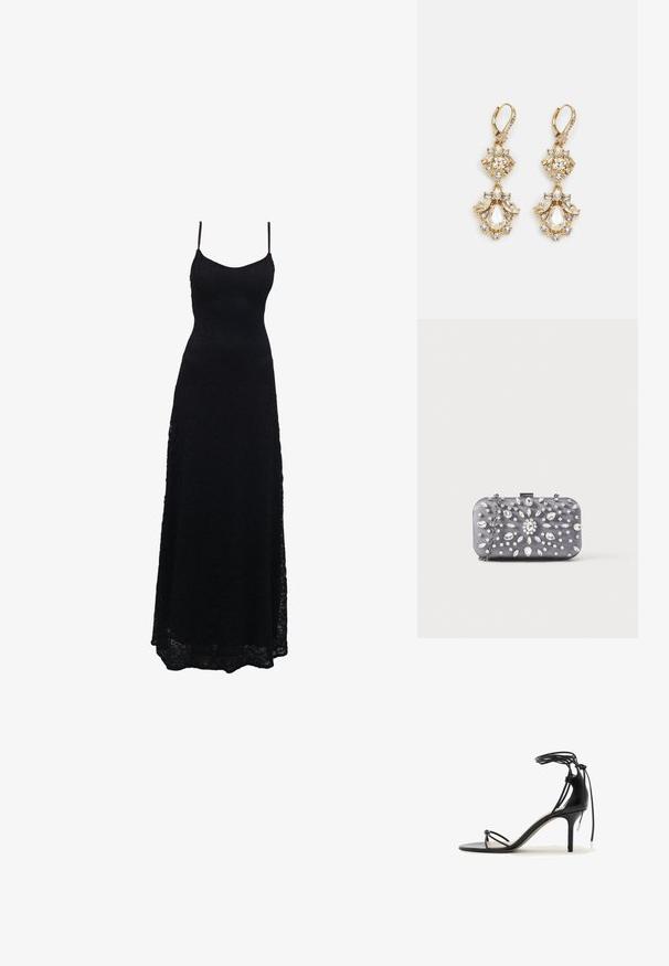 Schwarzes Maxikleid aus Spitze mit dünnen Spaghettiträgern, tailliertem Oberteil, weiter Rock und kunstvollem Spitzenmuster im gesamten Stoff.; Schwarze Sandalette mit dünnen Riemchen, Knöchelband und mittelhohem Stilettabsatz auf weißem Hintergrund.; Kleine rechteckige dunkelgraue Clutch, verziert mit klaren Strasssteinen in einem strahlenförmigen Muster und einem silbernen Kettenriemen.; Ohrringe mit Gold-Finish im Design eines Clusters, das runde und tropfenförmige klare Kristalle zeigt und aufwendige Details präsentiert.