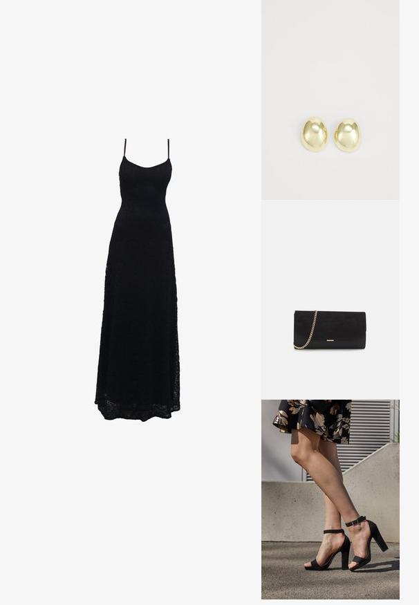 Schwarzes Maxikleid aus Spitze mit dünnen Spaghettiträgern, tailliertem Oberteil, weiter Rock und kunstvollem Spitzenmuster im gesamten Stoff.; Schwarze Wildleder-High-Heelsandalen mit einem Knöchelriemen und einer Schnalle, offener Zehenpartie und einem stabilen Absatz. Glatte Textur und minimalistischer Stil.; Schwarze Clutch aus Wildleder mit strukturierter Oberfläche, ausgestattet mit einem goldenen Kettenriemen und einem eleganten, kantigen Design.; Goldfarbene Metallstanzohrringe mit einer glatten, abgerundeten Form und polierter Oberfläche. Einfaches Design ohne zusätzliche Verzierungen.