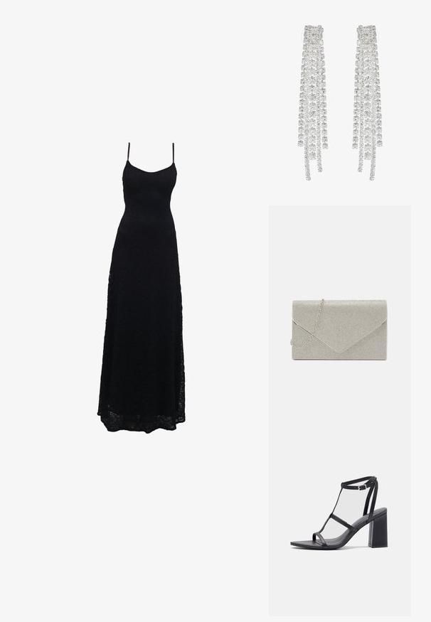 Schwarzes Maxikleid aus Spitze mit dünnen Spaghettiträgern, tailliertem Oberteil, weiter Rock und kunstvollem Spitzenmuster im gesamten Stoff.; Schwarze Absatzsandalen mit quadratischer Zehenpartie und Blockabsatz. Verfügt über dünne Riemen und eine verstellbare Knöchelchnalle. Glatte Lederoberfläche.; Metallisch silberne Clutch mit einem Umschlagdesign, verziert mit einem strukturierten Muster und ausgestattet mit einem abnehmbaren Kettenriemen.; Lange silberne Ohrringe mit einer Vielzahl von klaren, facettierten Kristallen in kaskadierenden Strängen unterschiedlicher Längen und Formen.