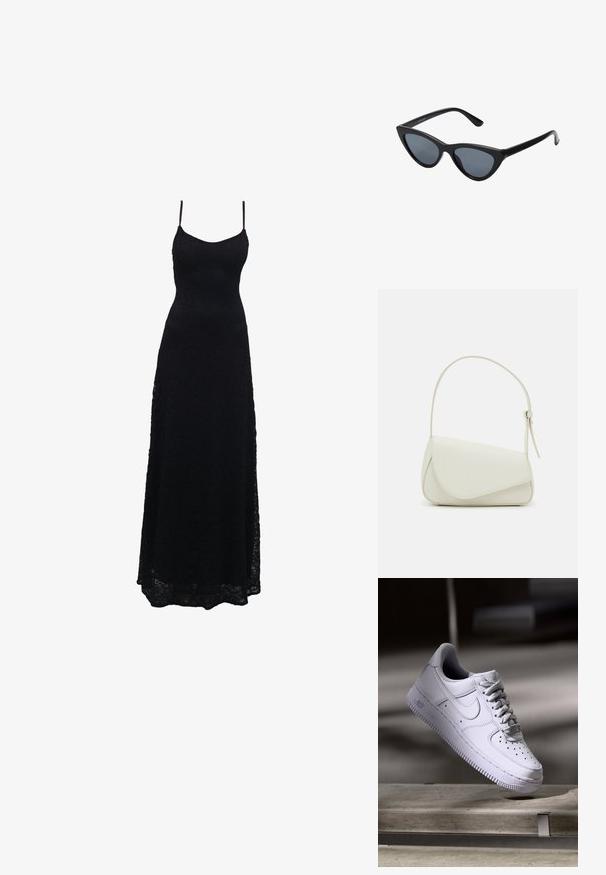 Robe maxi en dentelle noire avec des bretelles spaghetti fines, un corsage ajusté, une jupe évasée et un motif de dentelle complexe sur tout le tissu.; Baskets Nike Air Force 1 blanches lévitant au-dessus d'une surface en béton avec des ombres dans un cadre minimaliste.; Lunettes de soleil noires en forme d'œil de chat avec des verres gris foncé, monture en plastique élégante, coins pointus et branches droites. Pas de métal visible ni d'accents.; Sac à main en cuir synthétique blanc avec une forme triangulaire structurée, une bandoulière unique réglable et un rabat à courbes accentuées.