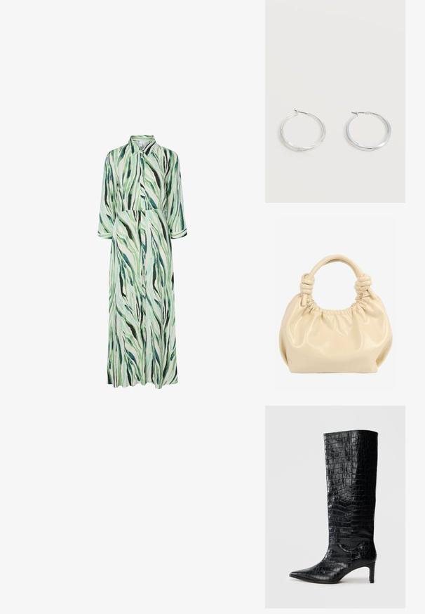 Robe longue boutonnée avec col et manches 3/4, présentant un motif abstrait rayé vert, noir et blanc.; Bottes noires montantes, avec une texture brillante à motif crocodile, bout pointu et talon effilé. Matériau synthétique lisse.; Sac à main en cuir souple couleur crème avec dessus froncé et doubles poignées nouées sur fond blanc.; Boucles d’oreilles créoles en métal argenté avec une surface lisse légèrement incurvée et des fermoirs à clapet sur un fond blanc uni.