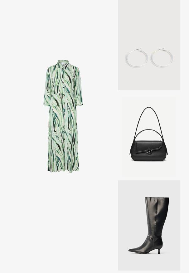 Robe longue boutonnée avec col et manches 3/4, présentant un motif abstrait rayé vert, noir et blanc.; Botte en cuir noire montant jusqu'au genou, avec un bout pointu et un petit talon bas, présentée sur un fond clair uni.; Sac à main en cuir noir avec bords arrondis, rabat asymétrique, fermoir circulaire en métal, et des bandoulières courtes et longues.; Paire de boucles d'oreilles créoles argentées brillantes avec fermoirs en fil fin, présentée sur un fond gris clair.