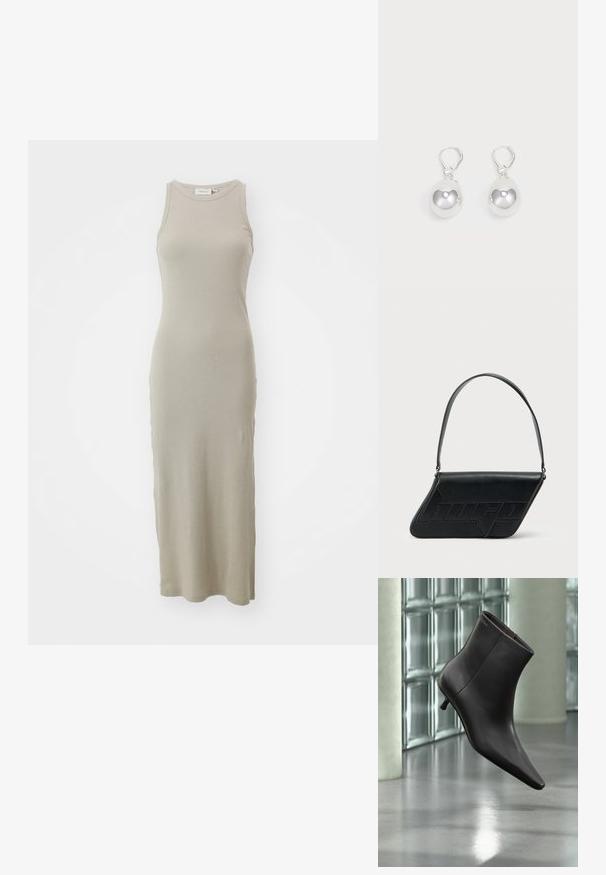 Beige ribstrikket midi-kjole med rund halsudskæring og ærmeløs design, der har en tætsiddende silhuet og en glat tekstur.; Sort læderankelstøvle med spids tå og lille hæl vist mod en væg af glasblokke og poleret gulv baggrund.; Sort skuldertaske i læder med trekantet form, præget logo og en enkelt justerbar rem. Minimalistisk design med glat tekstur.; Sølv dråbeøreringe med glatte, runde, reflekterende overflader hængende fra svingelukkede låse. Baggrunden er helt hvid.