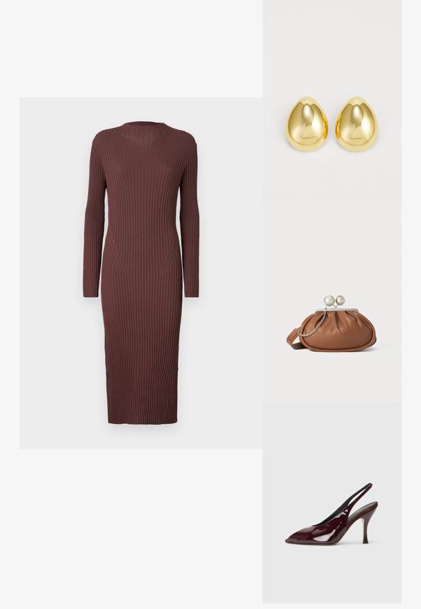 Robe longue côtelée de couleur marron foncé. Dotée d'un col haut et de manches longues avec une silhouette ajustée. La texture est tricotée.; NEOUS HAMAL - Escarpins à talons hauts - dark chocolate; Pochette en cuir marron avec un fermoir à boule en argent et un petit détail en chaîne argentée sur fond blanc.; Boucles d'oreilles clous de couleur or avec une surface lisse et polie, en forme de goutte d'eau, réfléchissant la lumière pour un fini éclatant.