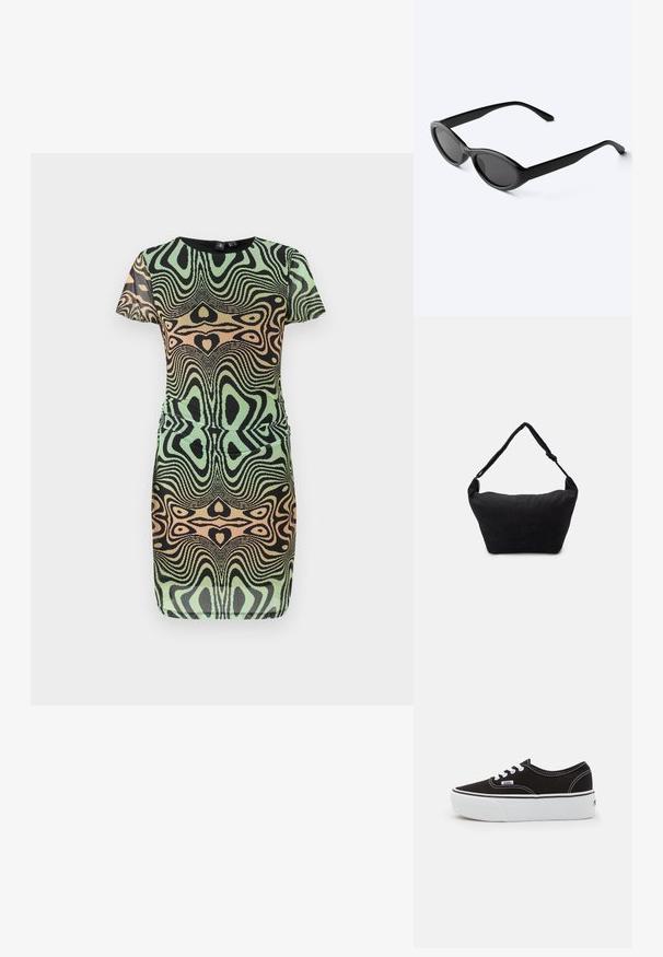 Robe à manches courtes en vert, noir et pêche avec un motif tourbillonnant. Présente un design ajusté et un col rond ; fabriquée en tissu texturé.; Baskets en toile noires avec une semelle en caoutchouc blanc, dotées de lacets et de coutures blanches, marquage emblématique sur le côté, design basse.; Lunettes de soleil ovales noires et élégantes avec des verres foncés et des branches droites, posées sur une surface blanche.; Sac à épaule en tissu noir avec une surface texturée douce, de forme arrondie et une seule sangle. Design minimaliste sans accessoires ni quincaillerie visibles.