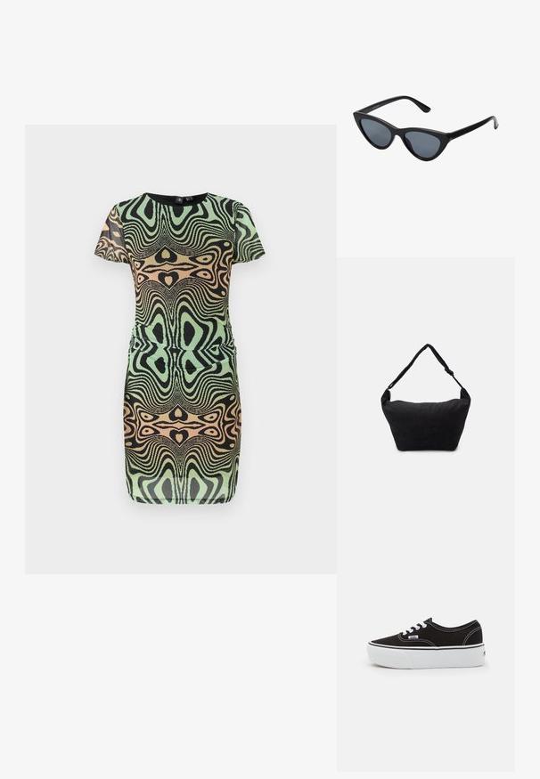 Robe à manches courtes en vert, noir et pêche avec un motif tourbillonnant. Présente un design ajusté et un col rond ; fabriquée en tissu texturé.; Baskets en toile noires avec une semelle en caoutchouc blanc, dotées de lacets et de coutures blanches, marquage emblématique sur le côté, design basse.; Lunettes de soleil noires en forme d'œil de chat avec des verres gris foncé, monture en plastique élégante, coins pointus et branches droites. Pas de métal visible ni d'accents.; Sac à épaule en tissu noir avec une surface texturée douce, de forme arrondie et une seule sangle. Design minimaliste sans accessoires ni quincaillerie visibles.