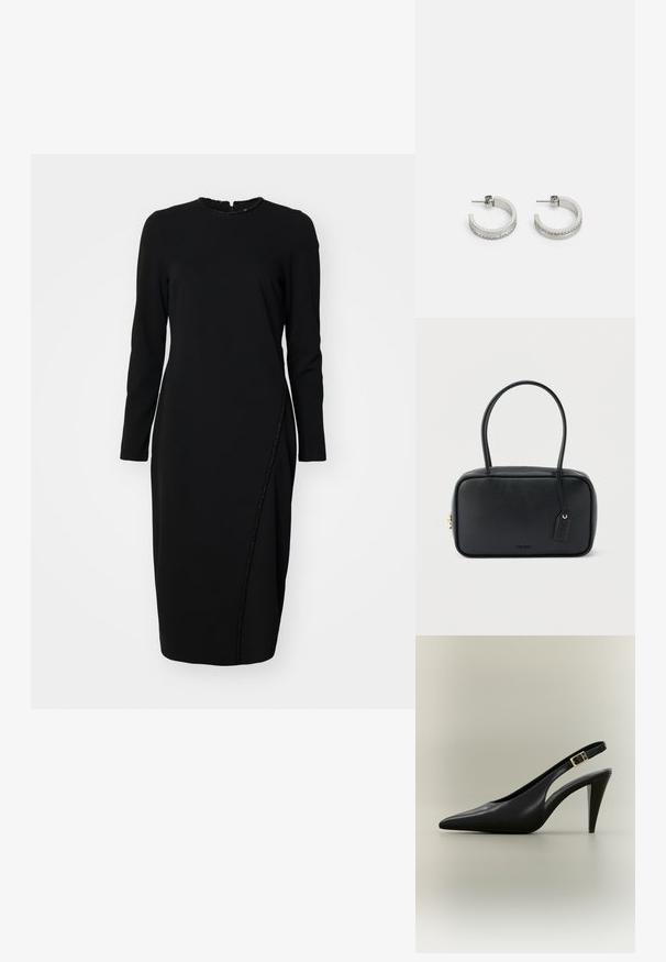 Schwarzes Langarmkleid mit Rundhalsausschnitt und strukturiertem Saum. Verfügt über ein Seitenpaneel mitPerlenverzierungen für zusätzliche Details.; Schwarzer spitzer Slingback-Pumps aus Leder mit goldener Schnalle und einem zulaufenden Absatz vor neutralem Hintergrund.; Schwarze rechteckige Handtasche mit doppelten, abgerundeten Griffen, goldfarbenem Reißverschluss und geprägtem „HUGO“-Logo auf der Vorderseite sowie angebrachtem Lederanhänger.; Silberne Creolen mit einer glatten Oberfläche und einer Reihe kleiner klarer Steine entlang der unteren Kante, mit einer Steckverschluss.