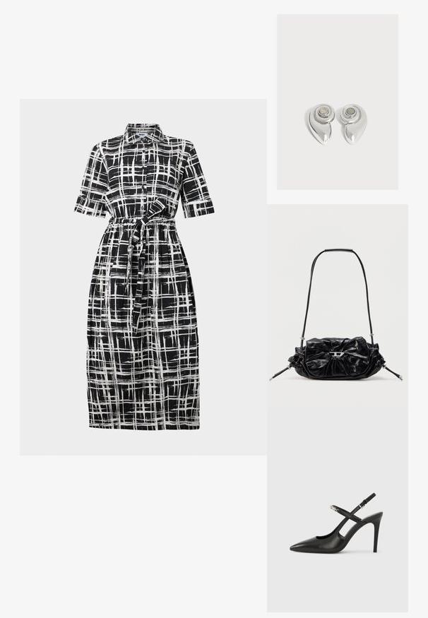 Robe chemise à carreaux noirs et blancs avec manches courtes, boutons sur le devant, taille ceinturée et ourlet arrivant au genou. Confectionnée en tissu léger.; Escarpins slingback en cuir noir avec bout pointu, design ajouré et bride ajustable ornée de ferrures métalliques.; Sac à main en cuir noir avec un design froncé et un détail en forme de nœud sur le devant. Dispose d'une poignée courte et d'accents de quincaillerie argentée.; Paire de boucles d’oreilles métalliques argentées brillantes avec un design en spirale et une pierre circulaire au centre sur un fond blanc uni.