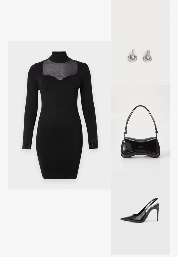 Zwarte jurk met lange mouwen en een nepmockcol, voorzien van een doorschijnende halslijn en met versierde manchetten. Soepele, rekbare stof.; Zwarte lakleren slingback pump met hoge hak, puntige neus, open zijkanten en een slanke hak. Glanzende afwerking met minimale hardware details.; Zwarte laarzen van patentleer met een gebogen vorm, een enkele handgreep en een ronde bodem. Beschikt over een subtiele logodetail aan de voorkant.; Een paar kleine, glanzende zilveren creolen met een ronde basis, afgebeeld op een effen lichte achtergrond.