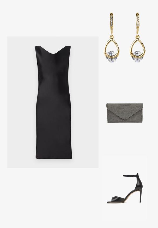 Schwarzes Satin ärmelloses Kleid mit V-Ausschnitt, figurbetontem Schnitt und knielanger Länge. Glatte Textur und minimalistisches Design.; Schwarze Sandale mit hohem Absatz, Knöchelriemen, offenem Zehenbereich und schlankem Stilettoabsatz auf weißem Hintergrund.; Schwarze Stoffclutch mit strukturiertem, genopptem Muster und Umschlagverschluss, die eine schlanke rechteckige Form aufweist und keine sichtbaren Beschläge besitzt.; Goldene Tropfenohrringe mit runden, klaren Edelsteinen an der Basis. Texturierter Oberbereich mit kleinen, runden Akzenten entlang des Creolen.