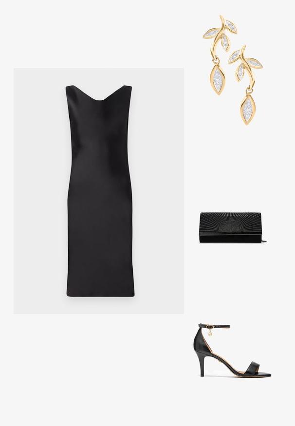 Vestido negro de satén sin mangas con escote en V, silueta ajustada y longitud por debajo de la rodilla. Textura suave y diseño minimalista.; Sandalia de tacón alto de cuero negro con una sola cinta sobre los dedos, cinta en el tobillo, herrajes dorados y un esbelto tacón de aguja.; Bolso de mano negro en ante con cierre metálico, que presenta un patrón adornado de tachuelas plateadas que irradian desde el centro. Compacto y rectangular.; DIAMANT L'ÉTERNEL Pendientes - gold coloured