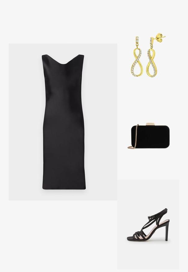Sort satin uden ærmer med v-udskæring, tætsiddende silhuet og længde til under knæet. Glat tekstur og minimalistisk design.; Bronx ALADIN - Sandaler - black; Sort velour clutch med guldfarvede detaljer, rektangulær form og kædestrop, der har en glat tekstur og ingen synlige mønstre.; Guldtonede øreringe formet som et stiliseret uendelighedssymbol, prydet med klare, rundslibede krystaller langs kanterne. Med stiftlukning.