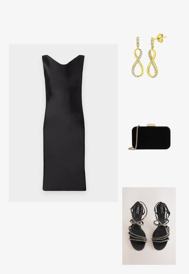 Vestido negro de satén sin mangas con escote en V, silueta ajustada y longitud por debajo de la rodilla. Textura suave y diseño minimalista.; Sandalias negras con tiras y detalles metálicos. Cuentan con una plantilla de textura suave y múltiples tiras decoradas que crean una apariencia en capas.; Clutch de terciopelo negro con herrajes en tono dorado, de forma rectangular y con correa de cadena, que presenta una textura suave y sin patrones visibles.; Pendientes en tono dorado con forma de símbolo de infinito estilizado, adornados con cristales transparentes de corte redondo a lo largo de los bordes. Cierre a presión.