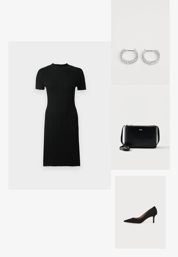 Sort ribbet kjole med korte ærmer, rund neckline, tætsiddende silhuet og knælang. Fremstillet af tekstureret stof med lodrette linjer.; Sort ruskindspumpe med spids snude, mellemhøj stiletthæl og tan indersål på en lys baggrund.; Sort læder crossbody taske med gyldent lynlås og justerbar rem, med teksten "BOSS" i gyldne bogstaver foran.; Sølv hoop øreringe med rektangulære og firkantede klare sten arrangeret rundt om hoops, med en metal post lukning.