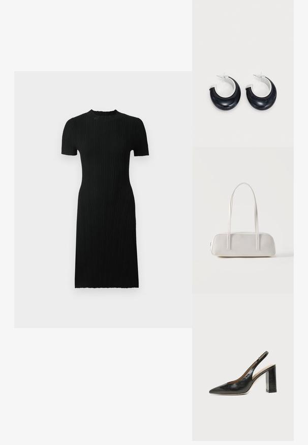 Sort ribbet kjole med korte ærmer, rund neckline, tætsiddende silhuet og knælang. Fremstillet af tekstureret stof med lodrette linjer.; Sort læder peep-toe slingback sko med høj blokhæl og beige indvendig foring mod en ensfarvet lys baggrund.; Hvid rektangulær skuldertaske med lange tynde stropper, minimal syning og lynlåslukning på en ensfarvet baggrund.; Sorte harpiks hoops øreringe med en skinnende overflade og silvertone hardware detaljer. Cirkulær form med en udskæring og stift-bagside lukning.